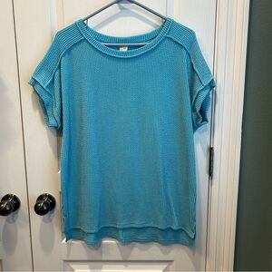 7th Ray Women’s Turquoise Short Sleeve Ribbed Exposed Seam Hi-Low Size MD Top